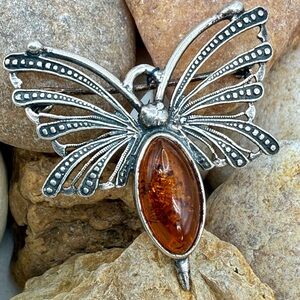 NWT Sterling Silver 925 Amber Butterfly Brooch Pendant – Baltic Amber Cabochon